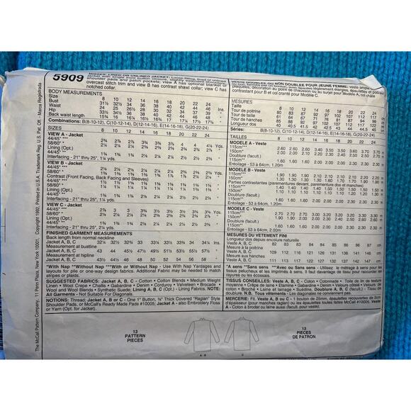 McCalls 5909 boxy blazer boyfriend 1980s pattern size 10 12 14 - Picture 3 of 5